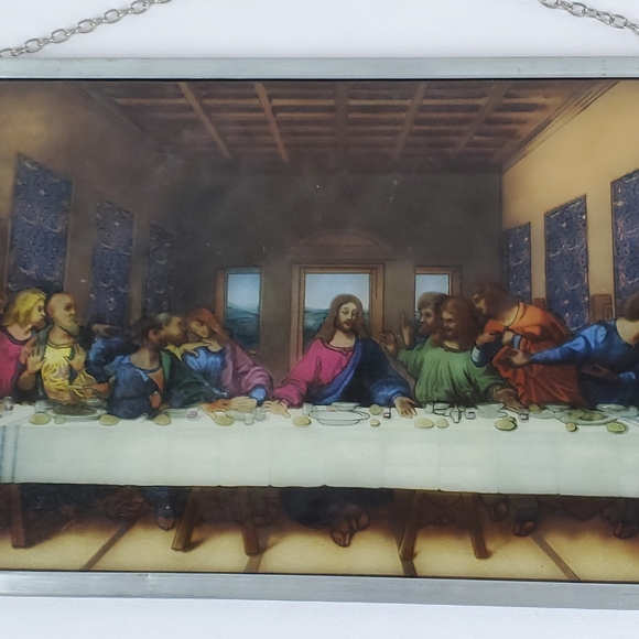 Vtg Stained Glass Art The Last Supper Leonardo Da Vinci Forest Lawn 16x9" Window - Picture 5 of 16